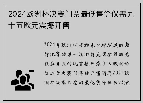 2024欧洲杯决赛门票最低售价仅需九十五欧元震撼开售 2024欧洲杯决赛门票最低售价仅需九十五欧元震撼开售